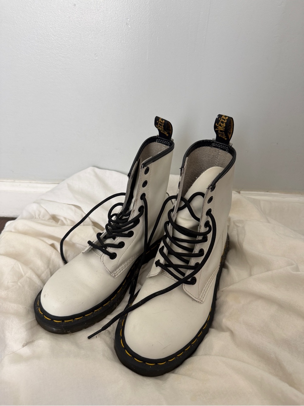 Dr. Martens White Leather Lace-Up Combat Boots with Black Trim